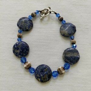 4/$20 Lapis Lazuli Flat Round Bead Bracelet Silver Tone